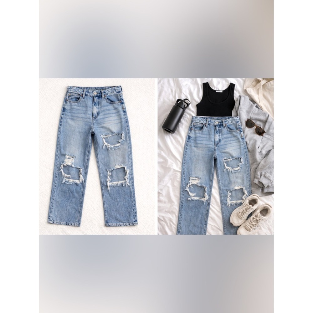 American Eagle Curvy 90s Straight Jeans Womens 6 Distressed High Rise Grunge Mom